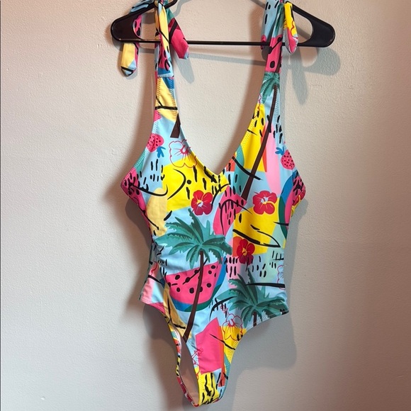 SHEIN Medium Fruit Print Blue Yellow One Piece Swimsuit Adjustable Straps - Picture 1 of 11